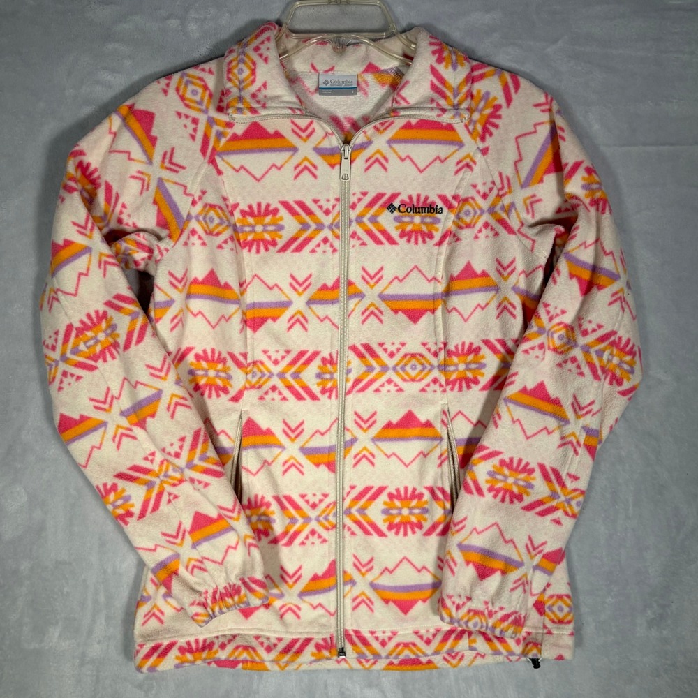 Columbia Benton Springs Fleece Jacket Womens Small Pink Orange Geometric Aztec